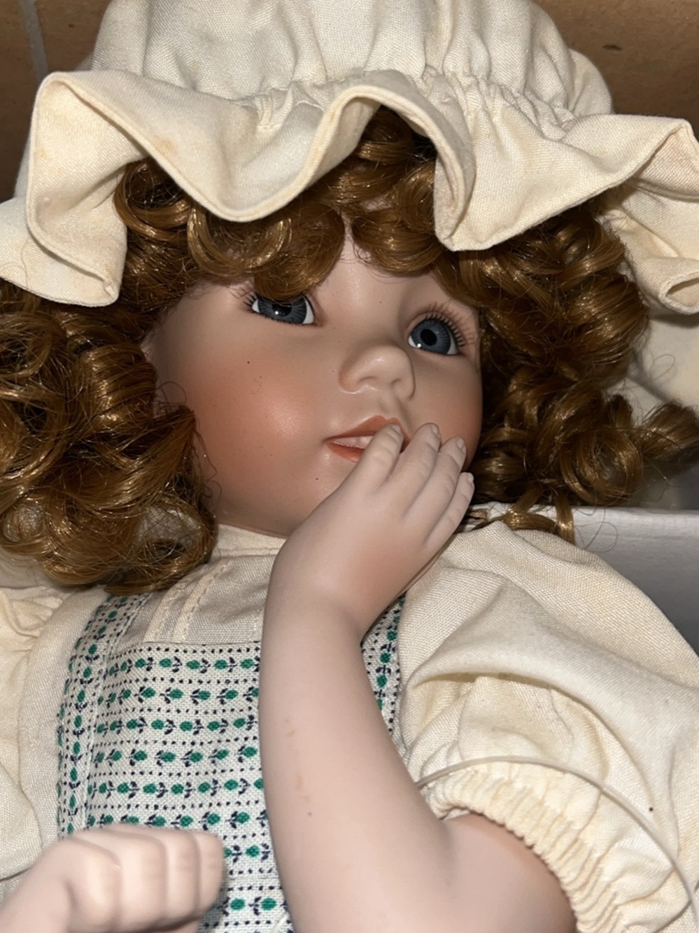 Porcelain Doll in Cream Dress with Brown Curly Hair - Kids Toys